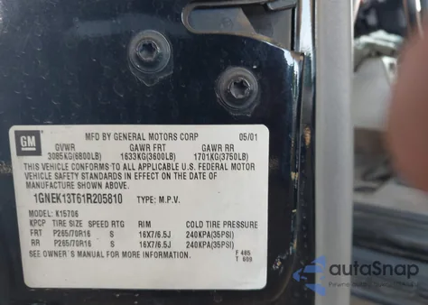 2001 Chevrolet Tahoe Lt z USA, uszkodzony, nr VIN 1GNEK13T61R205810